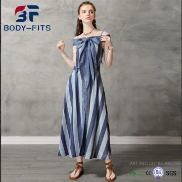 Harga Rendah Denim Stripe Off Shoulder Dress